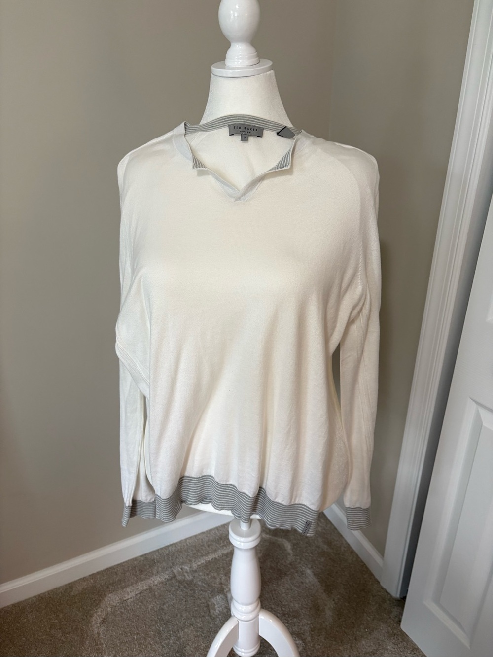 Ted Baker White Long Sleeve Top with Gray Stripe Trim